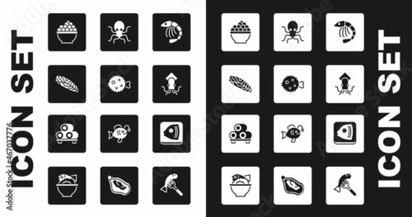 Fototapeta Set Shrimp, Fish hedgehog, steak, Caviar, Octopus, head and Sushi on cutting board icon. Vector