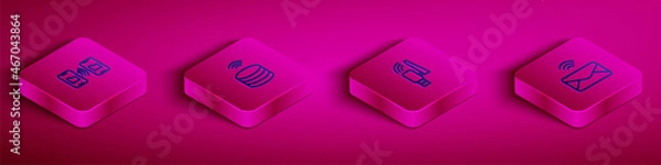 Fototapeta Set Isometric line Data transfer and storage, Smart data server, Usb wireless adapter and Mail e-mail icon. Vector