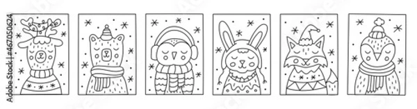 Obraz Cute winter animals and birds in frames with snowflakes. Ideal for coloring books, stamps, invitations and others. Doodle style. Vector illustration.