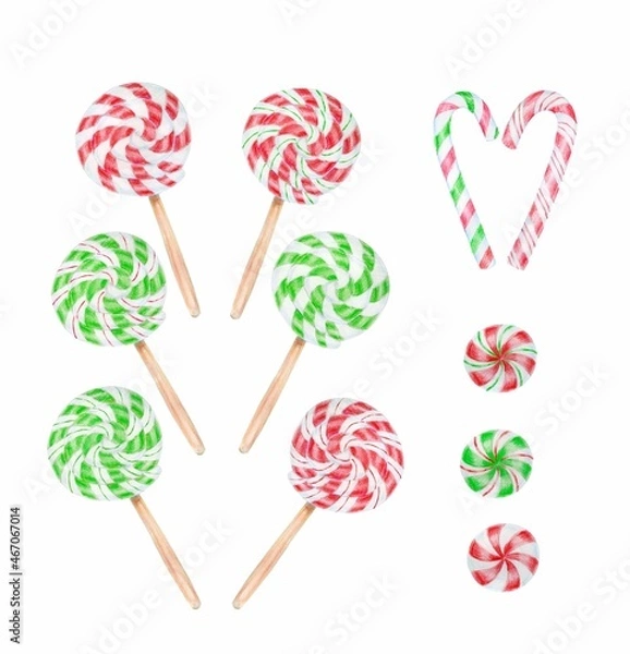 Obraz Christmas candy canes and lollipops collection isolated on white, watercolor illustration
