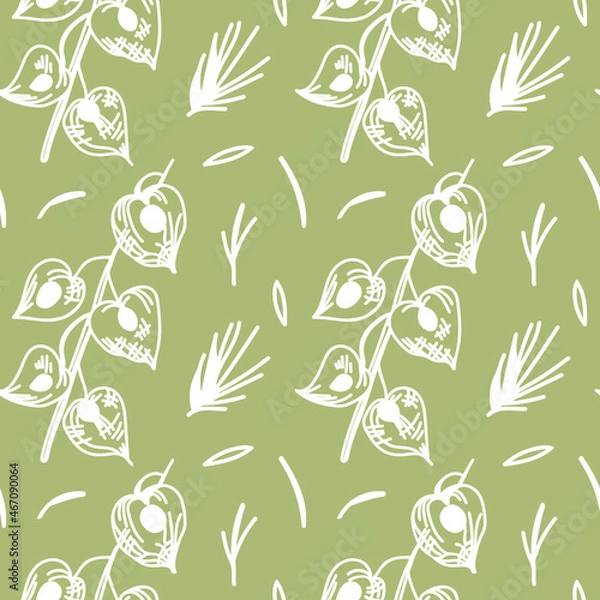 Fototapeta Seamless vector pattern with Christmas botanicals in white line on sage green background.Winter,floral,holiday print in doodle style hand drawn.Designs for textile,wrapping paper,fabric,scrapbooking.