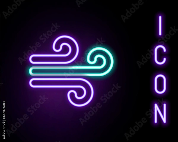 Fototapeta Glowing neon line Wind icon isolated on black background. Windy weather. Colorful outline concept. Vector