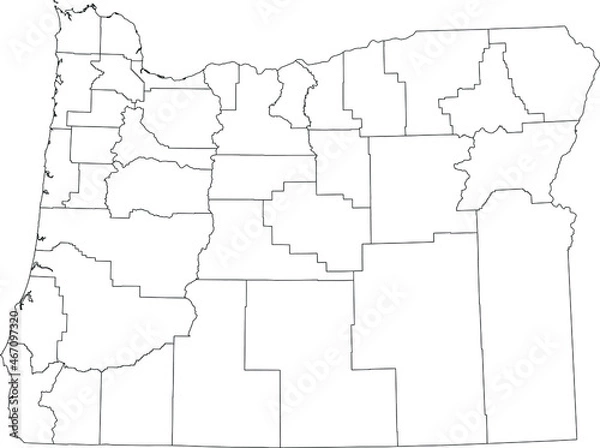 Fototapeta White blank vector administrative map of the Federal State of Oregon, USA with black borders of its counties