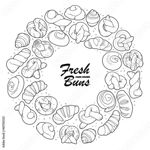 Obraz Buns and pastries hand drawn doodle line art illustration.