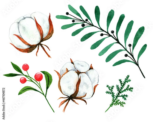 Fototapeta Winter Christmas watercolor elements for traditional holiday design of cards, calendars, invitations, stationery. Cotton boxes, twigs with berries, a juniper branch are elements that no New Year's