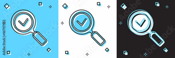 Fototapeta Set Magnifying glass with check mark icon isolated on blue and white, black background. Search, focus, zoom, business symbol. Vector