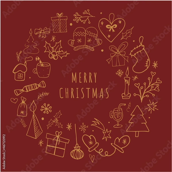 Obraz Merry Christmas background. Abstract Christmas ball of doodle symbols of the new year on a red background. Vector illustration of eps10