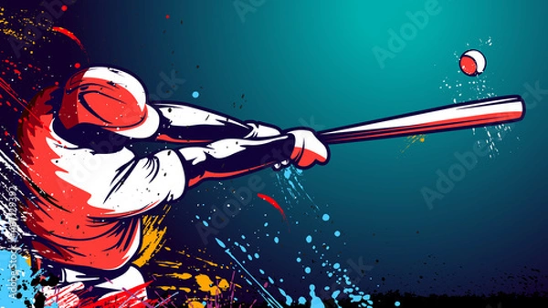 Fototapeta Baseball player. Baseball cap. Hitter swinging with bat. Abstract isolated vector silhouette. Iink drawing