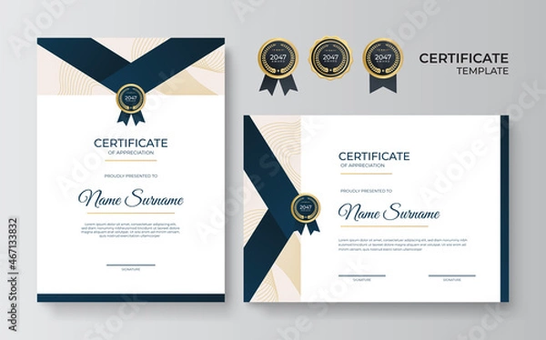 Fototapeta Modern elegant luxury gold and blue diploma certificate template. Certificate of achievement template with gold badge, border, and luxury pattern for business and corporate. Premium design vector.