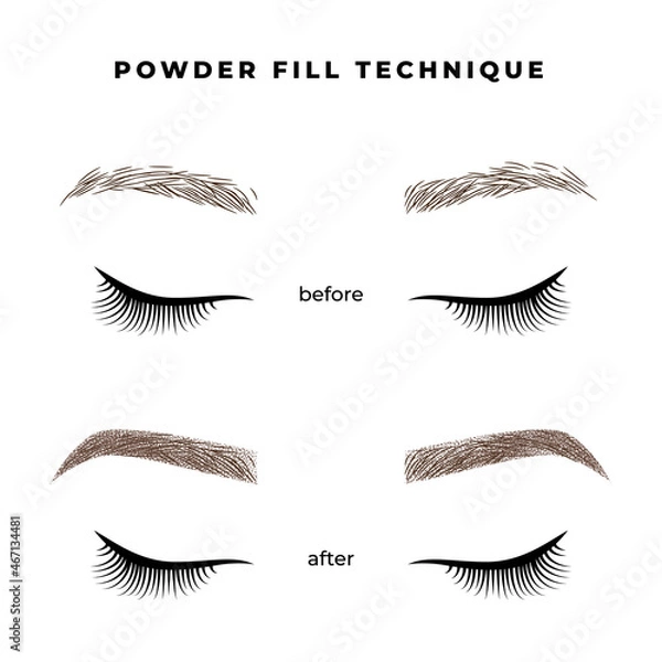 Fototapeta The technique of cosmetic tattoo eyebrows: powder/ombre fill. Brows before and after permanent makeup.