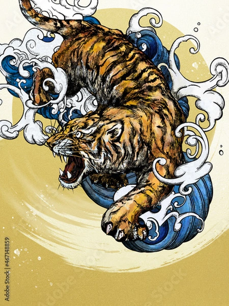 Obraz Oriental golden background using tiger and handwriting