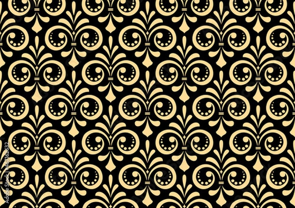 Fototapeta Wallpaper in the style of Baroque. Seamless vector background. Gold and black floral ornament. Graphic pattern for fabric, wallpaper, packaging. Ornate Damask flower ornament