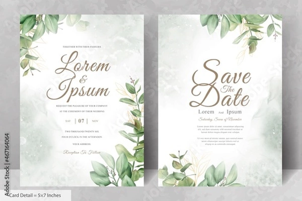 Fototapeta Set of Greenery Watercolor Wedding Invitation Card Template