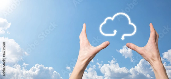 Obraz Businessman hold cloud icon.Cloud computing concept - connect smart phone to cloud. computing network information technologist with smart phone.Big data Concept.