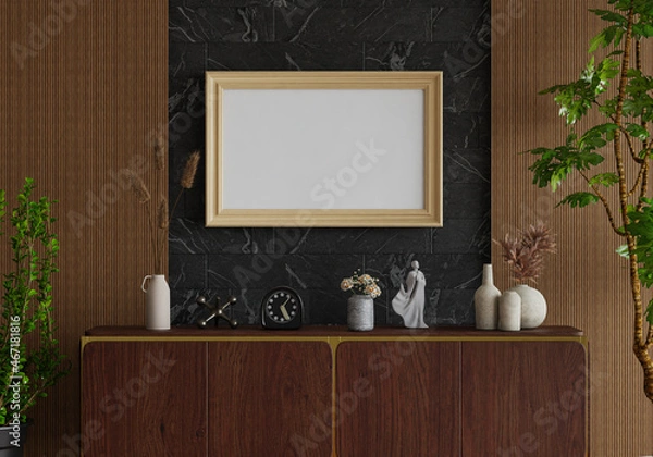 Fototapeta 3D mockup photo frame with houseplant in living room rendering