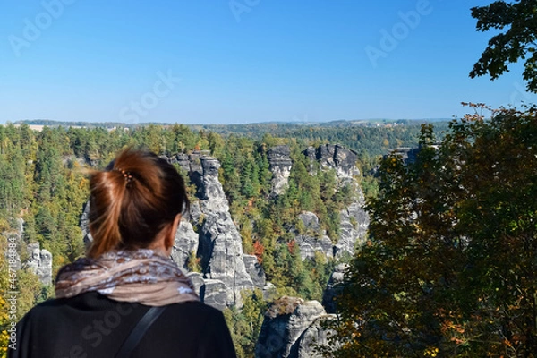 Fototapeta A girl looks at a deep canyon with rocks and coniferous forest in Germany