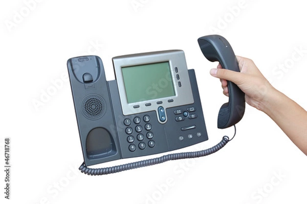 Obraz Holding IP phone isolated over white backgroud