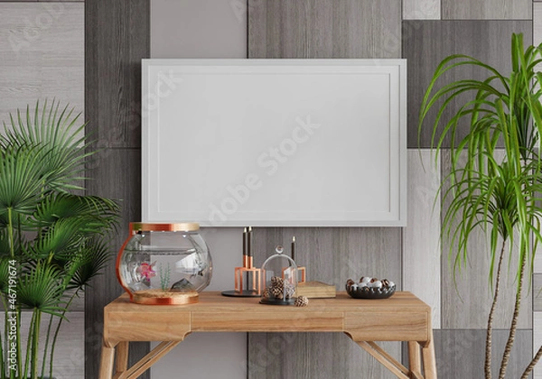 Fototapeta 3D mockup photo frame with houseplant in living room rendering