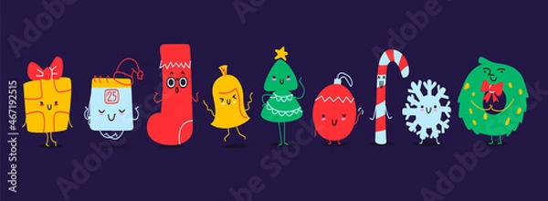 Fototapeta A set of cute funny characters things for Christmas and New year. Emotional faces of different objects on a dark background. Christmas tree, balloon, calendar, lollipop, snowflake.