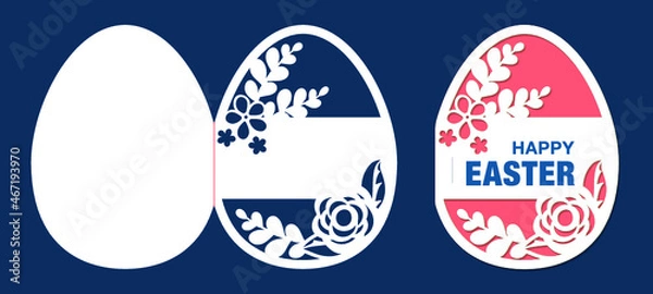 Fototapeta Laser cutting template. Easter Egg Card with floral pattern. Happy Easter greeting card. Silhouette vector illustration isolated on dark blue background. Stencil design.