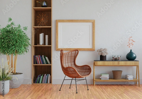 Obraz 3D mockup photo frame with houseplant in living room rendering