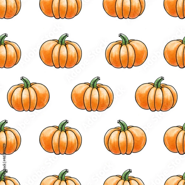 Obraz Handpainted watercolour digital pattern orange pumpkins.