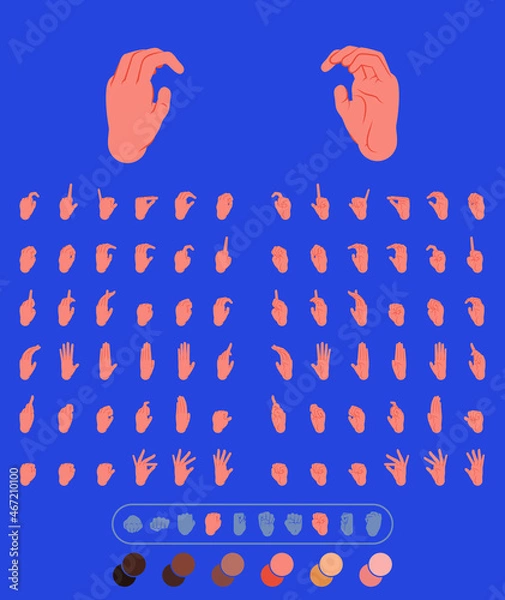 Fototapeta set of 72 hands in different positions. flat illustration of hands to use in animations, character illustrations or as an icon. with color palette for other ethnicities. eps 10