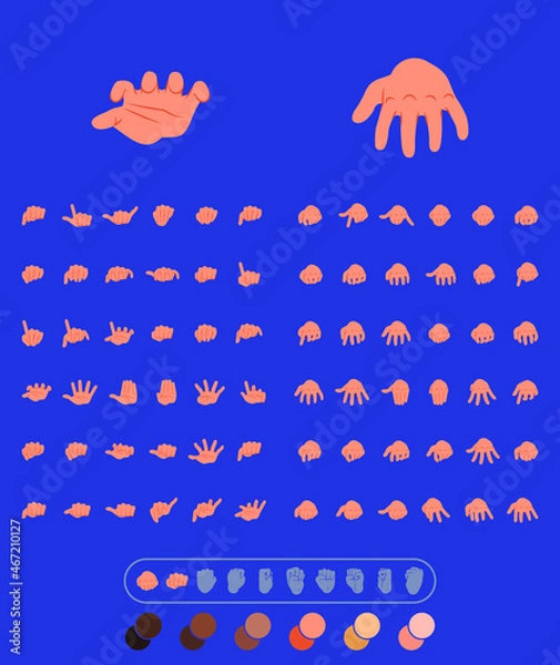 Fototapeta set of 72 hands in different positions. flat illustration of hands to use in animations, character illustrations or as an icon. with color palette for other ethnicities. eps 10