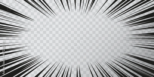 Obraz Manga effect action frame in comics book style. Black and white vector illustration of motion radial lines isolated on a transparent background