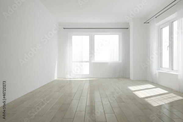 Fototapeta modern empty room with beautiful white windows and curtains on it interior design. 3D illustration