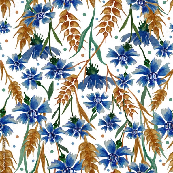 Obraz Seamless pattern with blue cornflowers on white.