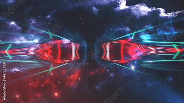 Fototapeta Dark abstract futuristic modern neon background. Futuristic space dark background with rays and neon lines. Neon abstraction. Symmetrical reflection, perspective. neon. 3D illustration. 