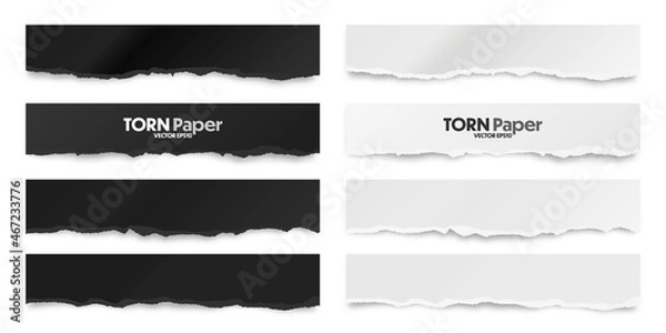Fototapeta Ripped black and white paper strips. Realistic crumpled paper scraps with torn edges. Shreds of notebook pages. Vector illustration.