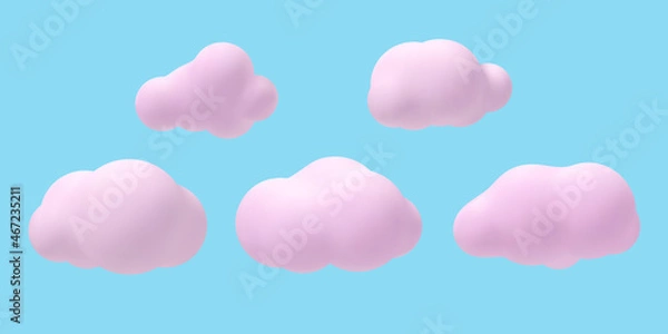 Fototapeta Set of 3d vector pink clouds. Decorative elements isolated on blue background. Vector illustration.