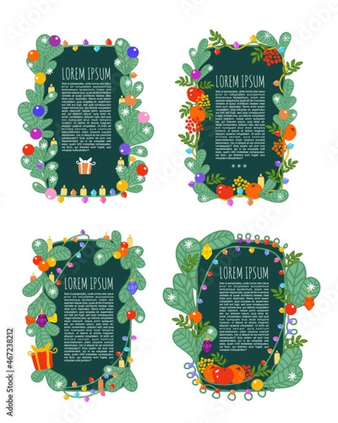 Fototapeta A set of New Year templates for text. Christmas backgrounds for text with fir branches, candles, decorations, LED garlands and fruits. New Year green banner, postcard. Cartoon vector illustration.