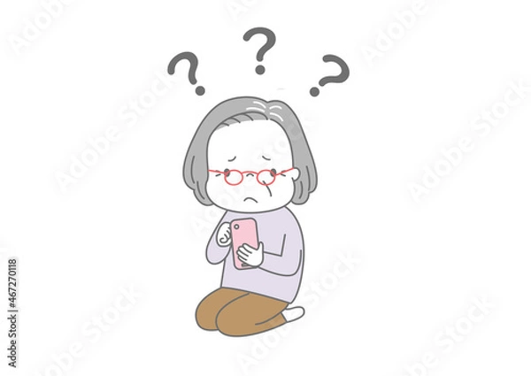 Fototapeta スマートフォンの使い方がわからなくて困っているおばあさん