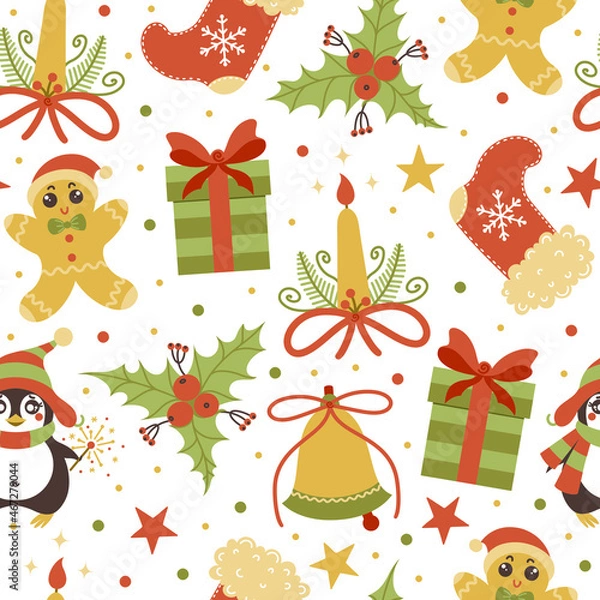 Obraz Christmas symbols seamless vector pattern. Hand-drawn illustration. Festive elements - gift, candle, holiday sock, bell, holly. Cartoon background, flat style. Colored characters new year concept.