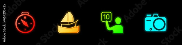 Fototapeta Set Compass, Yacht sailboat, Assessment of judges and Photo camera icon. Vector