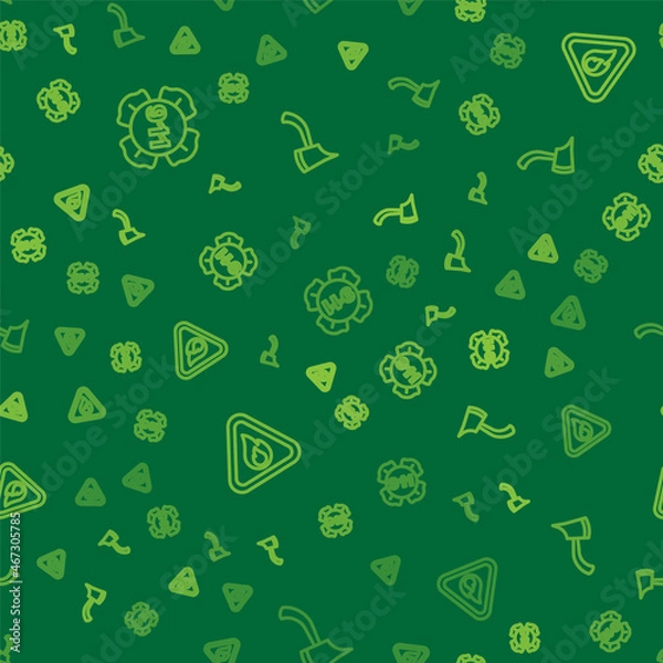 Fototapeta Set line Emergency call 911, Fire flame in triangle and Firefighter axe on seamless pattern. Vector