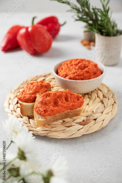 Fototapeta Healthy vegetarian bread open sandwich with vegetable pate (paste)