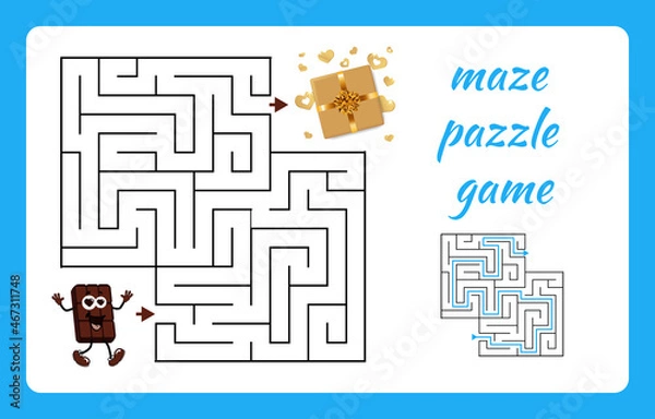 Fototapeta Puzzle for children. Children's maze with funny cartoon chocolate and golden gift box. Vector maze.