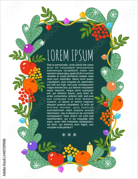 Fototapeta New Year templates for text. Christmas background for text with fir branches, candles, decorations, fruits, berries and LED garlands. New Year's green leaf, postcard. Cartoon vector illustration.