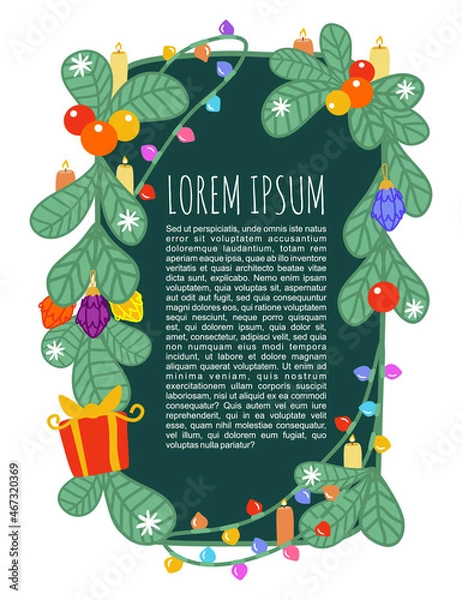 Fototapeta New Year's templates for text. Christmas background for text with fir branches, candles, decorations, LED garlands. New Year's green leaflet, postcard. Cartoon vector illustration.