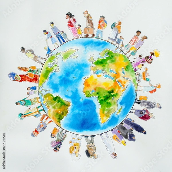 Obraz Illustration of migrant people different nationalities around Earth.Picture created with watercolors.