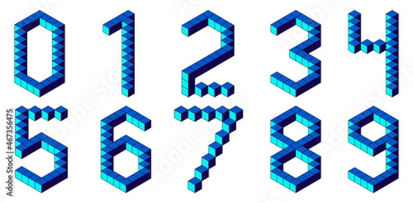 Fototapeta Blue number from 0 to 9 from cubes isolated on white background. Pixel, 8 bit, isometric style. Vector illustration