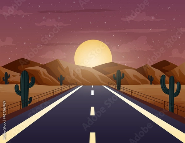 Obraz Scene with long road through desert at night illustration