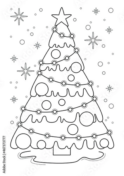 Obraz Cartoon page for coloring book with Christmas tree, hand-drawn vector illustration.