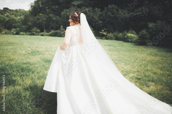Obraz Beautiful brunette bride in elegant white dress holding bouquet posing neat trees
