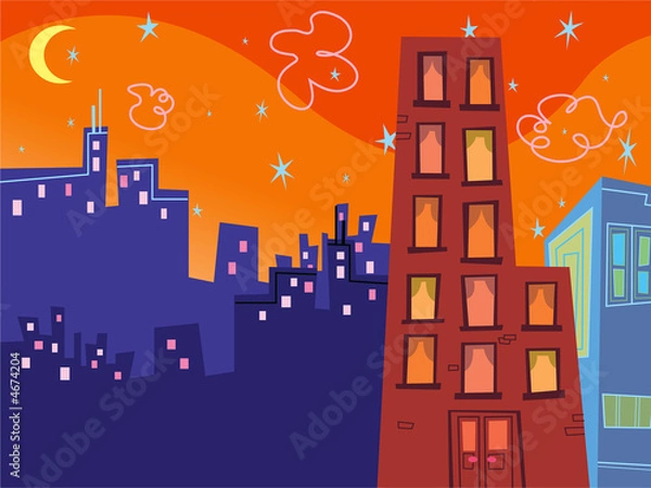 Fototapeta cartoon groovy buildings silhouettes 