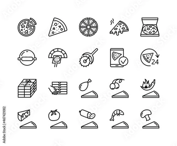 Fototapeta Pizza flat line icons set. Pizza making, ordering and delivery service. Fast food symbol. Simple flat vector illustration for web site or mobile app